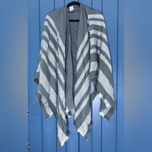 Gray Striped Sweater Shawl Fringe Trim Boho Hippie Peasant Lagenlook Coastal